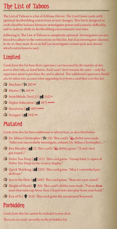 arkham horror card game taboo list Turning the Page
